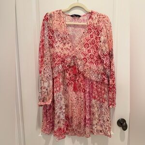 Zara Pink Floral V-Neck Boho Tassel Dress-S